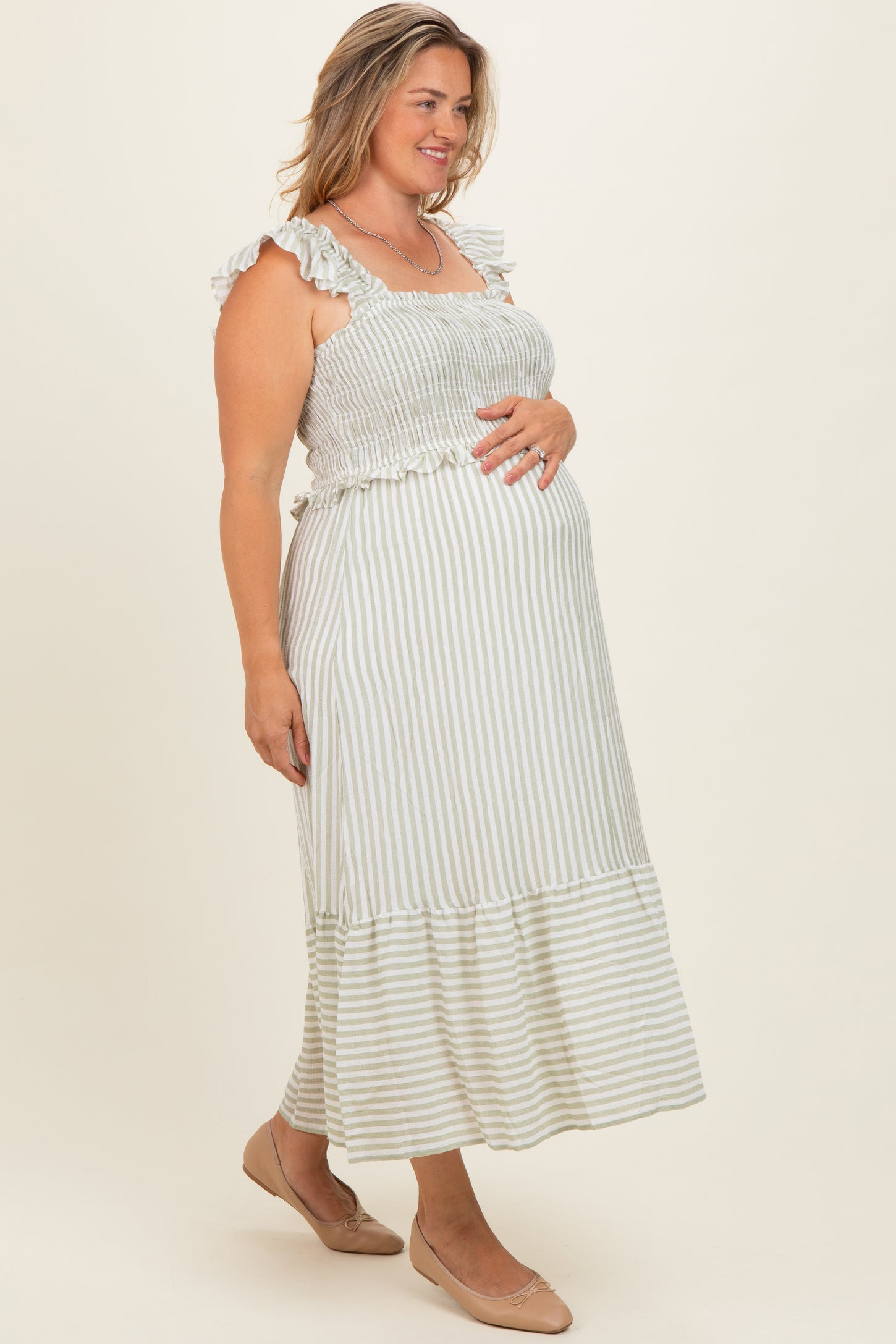 Light Olive Striped Smocked Maternity Plus Midi Dress