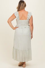 Light Olive Striped Smocked Maternity Plus Midi Dress