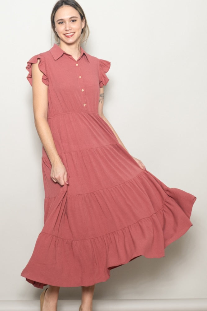 Dusty Rose Button Up Ruffle Sleeve Tiered Maxi Dress