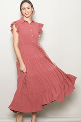 Dusty Rose Button Up Ruffle Sleeve Tiered Maxi Dress