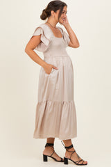 Champagne Satin Flutter Sleeve Maternity Midi Dress