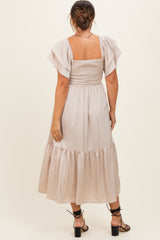 Champagne Satin Flutter Sleeve Maternity Midi Dress