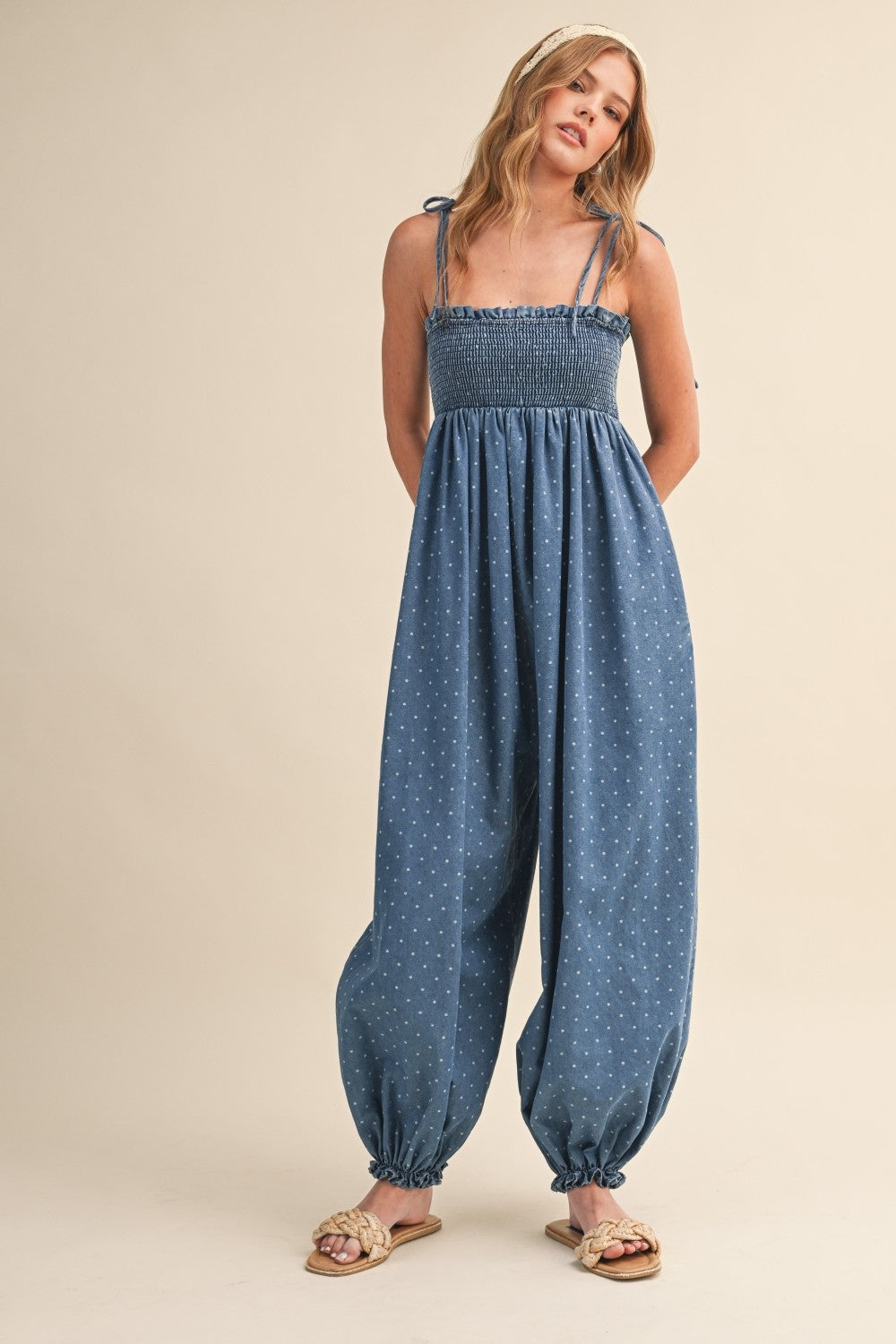 Blue Polka Dot Printed Maternity Jumpsuit