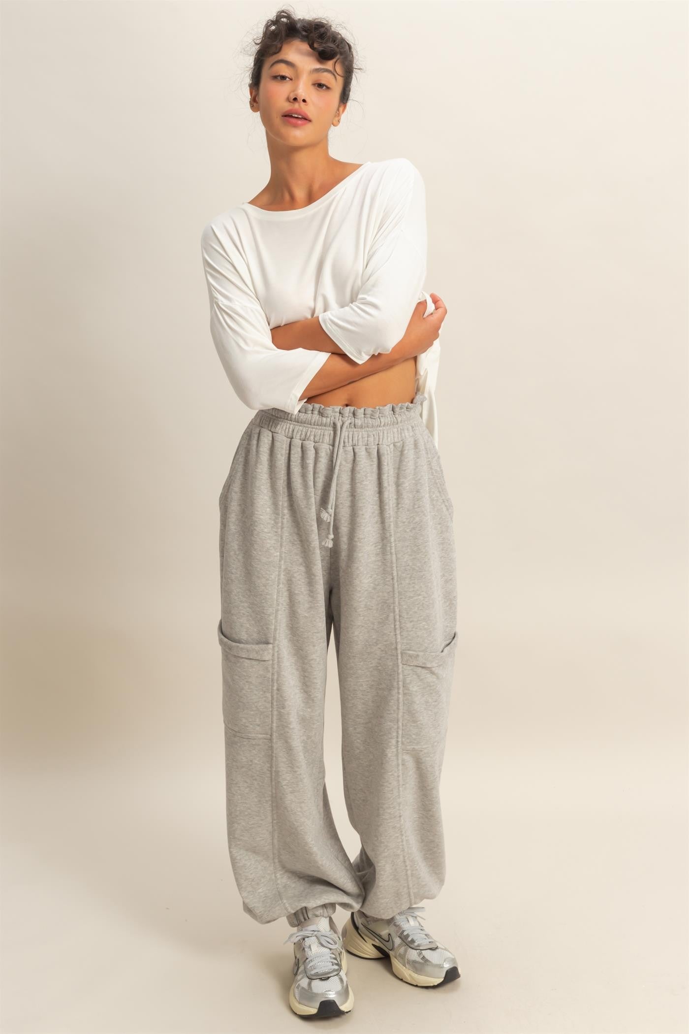 Heather Gray Ruffle Waist Burnout Jogger Pants