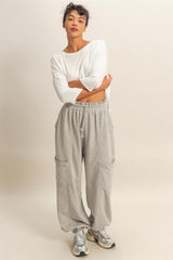 Heather Gray Ruffle Waist Burnout Jogger Pants