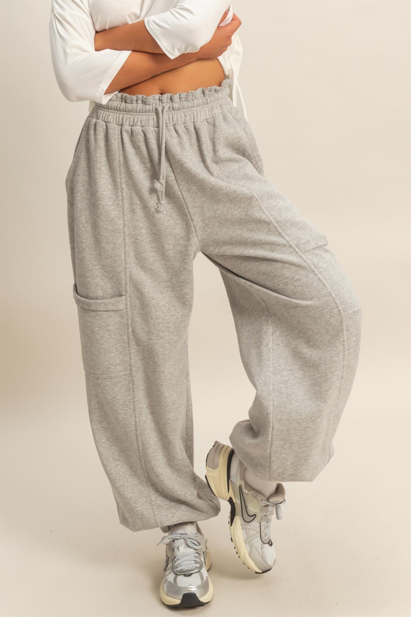 Heather Gray Ruffle Waist Burnout Jogger Pants