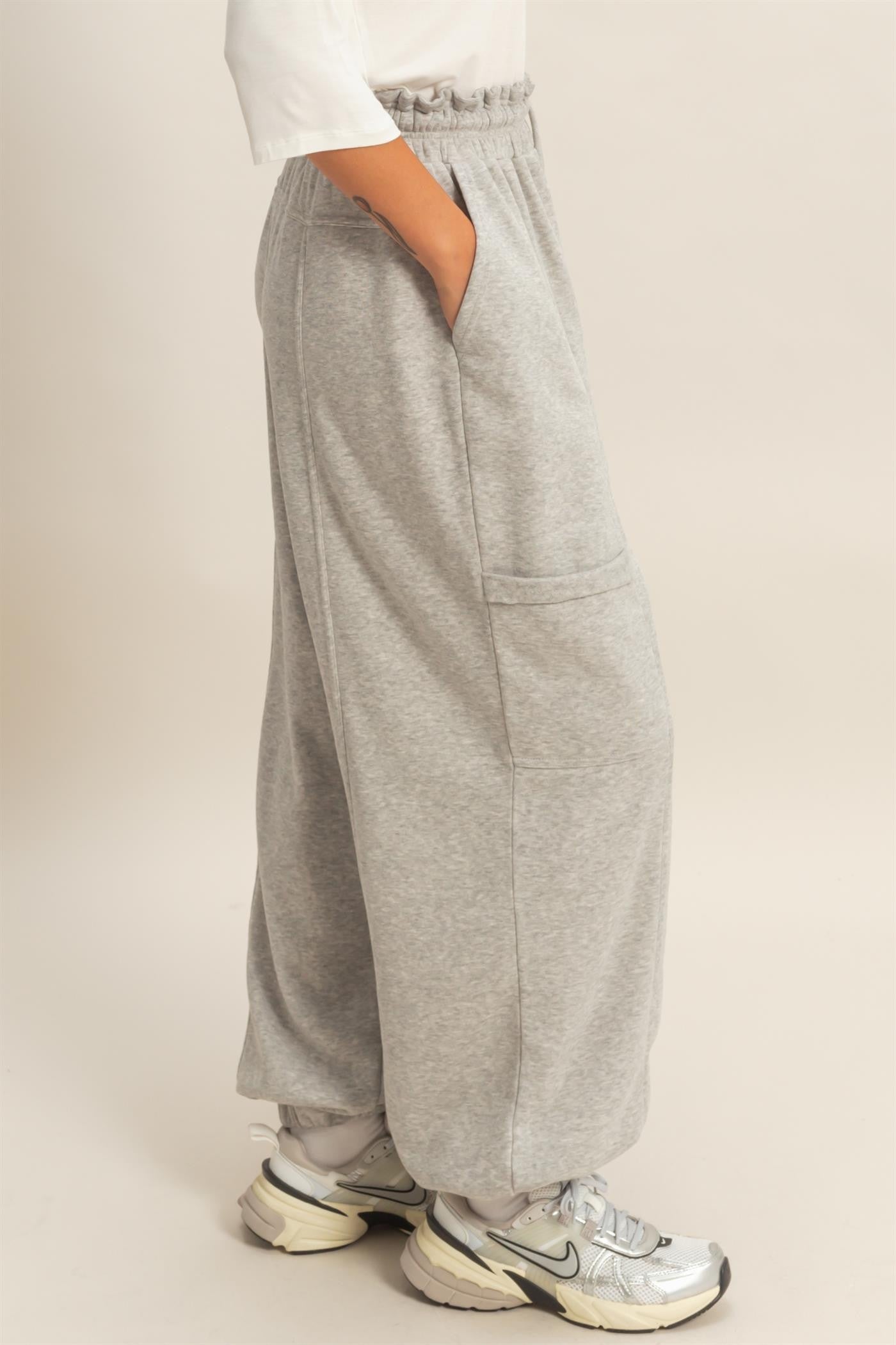 Heather Gray Ruffle Waist Burnout Jogger Pants