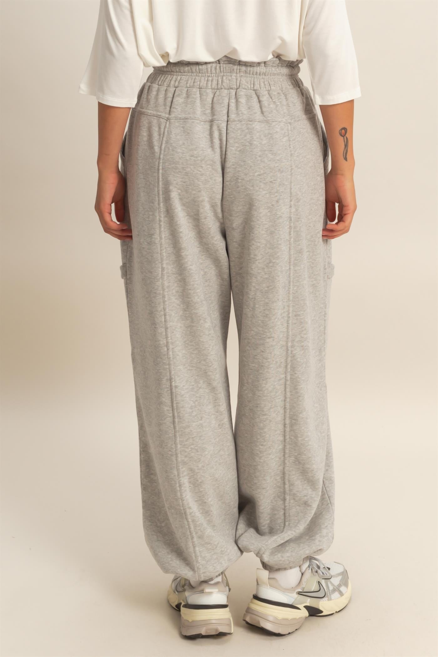Heather Gray Ruffle Waist Burnout Jogger Pants