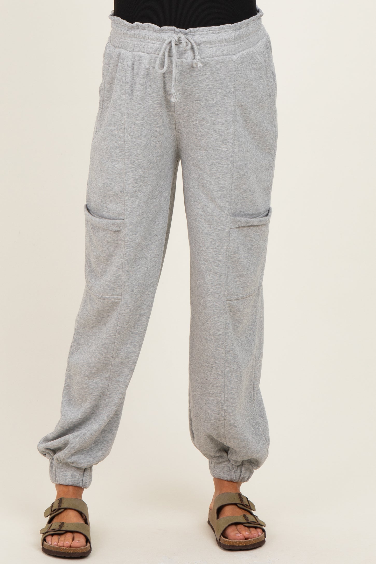 Heather Gray Ruffle Waist Burnout Maternity Jogger Pants