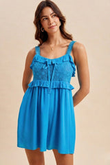 Blue Embroidered Ruffle Accent Maternity Romper