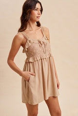 Sand Embroidered Ruffle Accent Romper