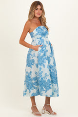 Blue Blossom Print Strapless Maternity Maxi Dress