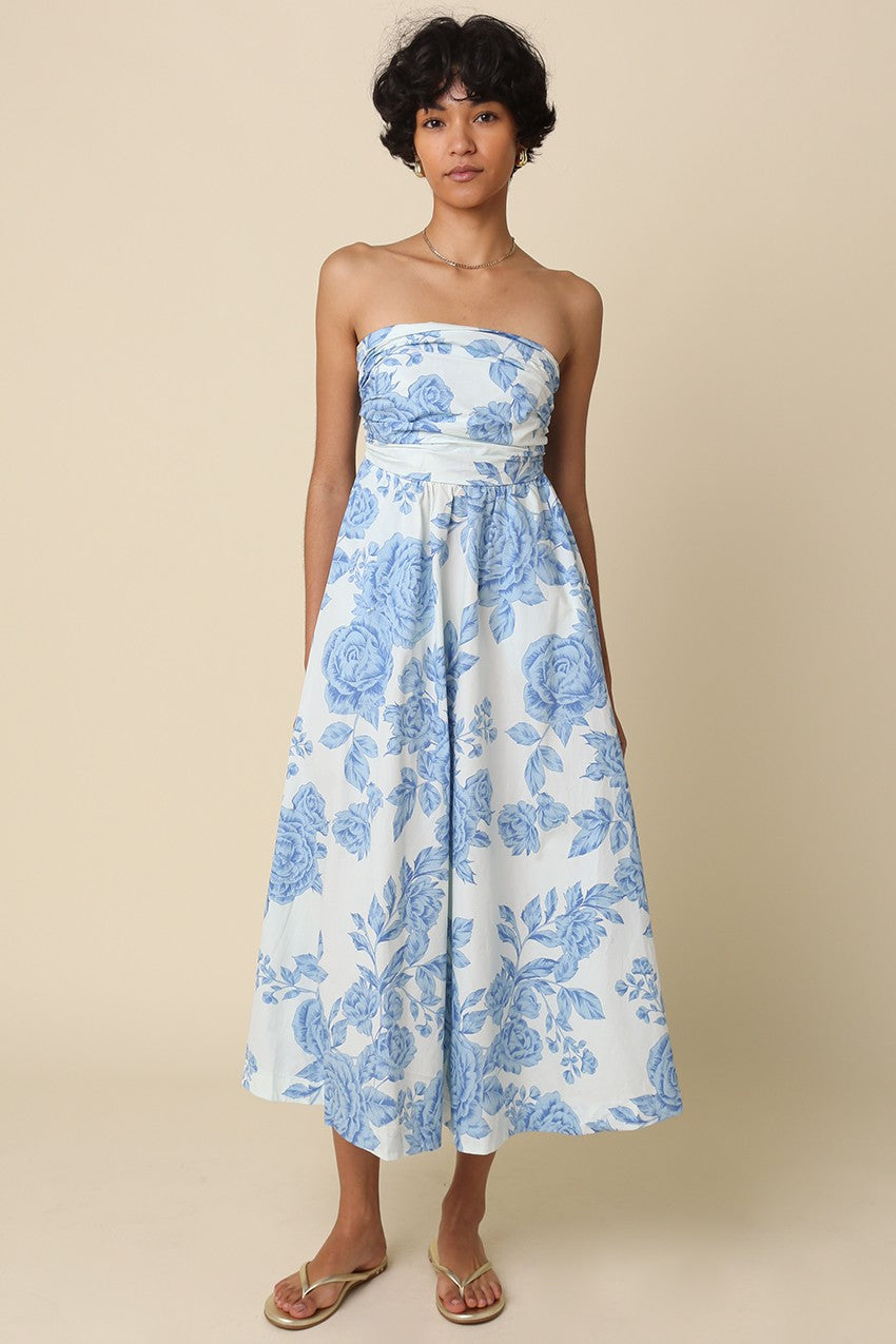 Blue Blossom Print Strapless Maternity Maxi Dress
