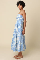 Blue Blossom Print Strapless Maxi Dress