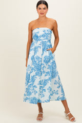 Blue Blossom Print Strapless Maxi Dress