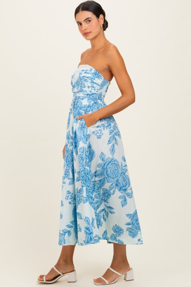 Blue Blossom Print Strapless Maxi Dress