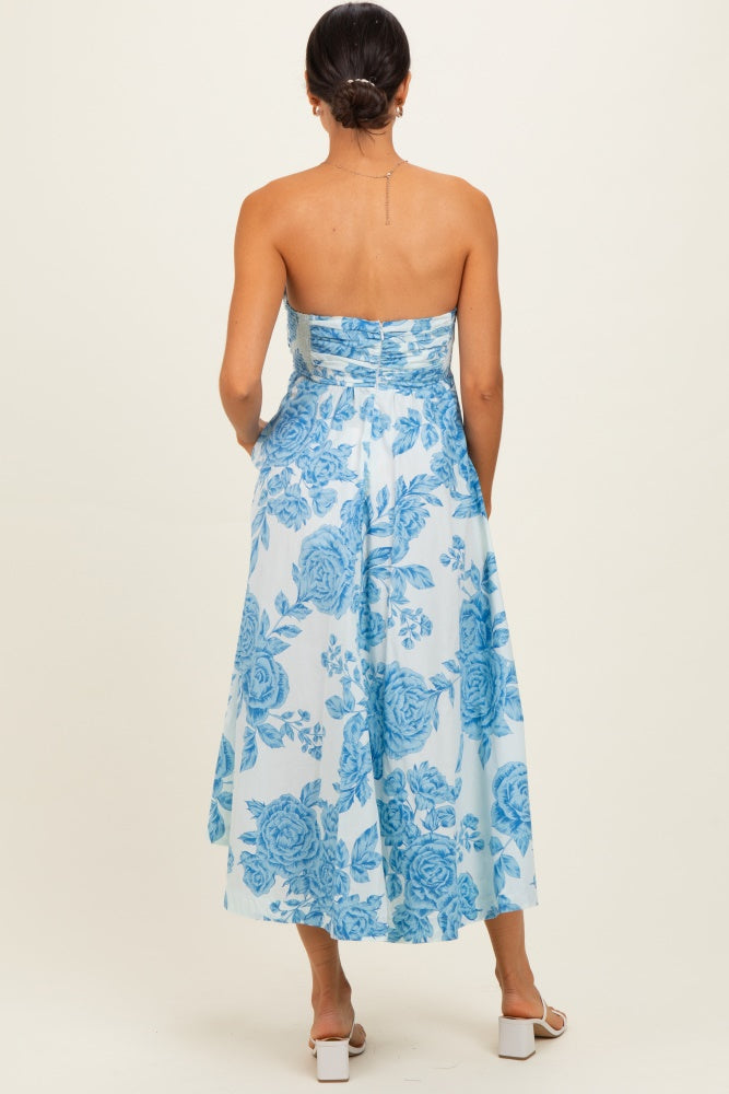 Blue Blossom Print Strapless Maxi Dress