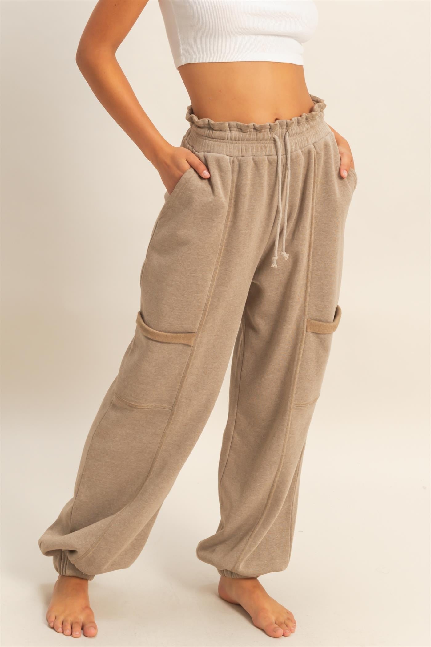 Mocha Ruffle Waist Burnout Jogger Pants