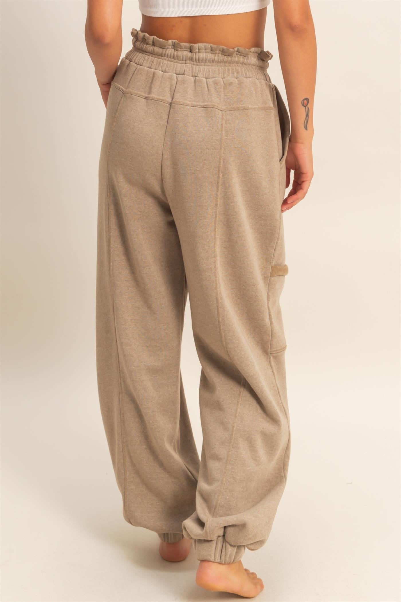 Mocha Ruffle Waist Burnout Jogger Pants