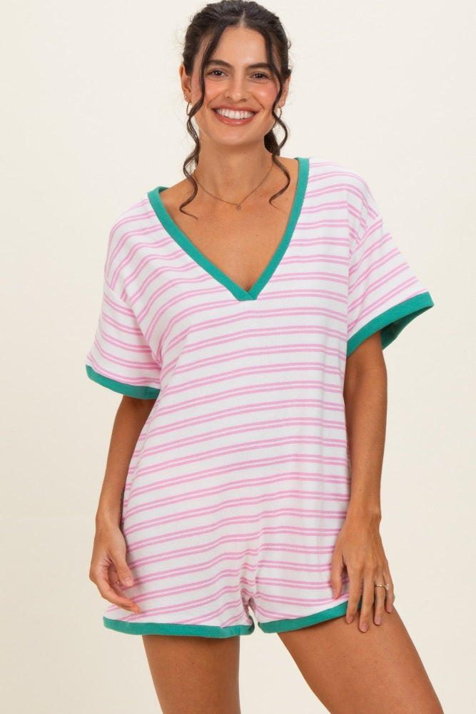 Light Pink Waffle Knit V-Neck Short Sleeve Maternity Romper