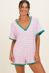 Light Pink Waffle Knit V-Neck Short Sleeve Maternity Romper