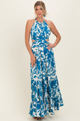 Blue Floral Halter Cutout Open Back Maternity Maxi Dresses