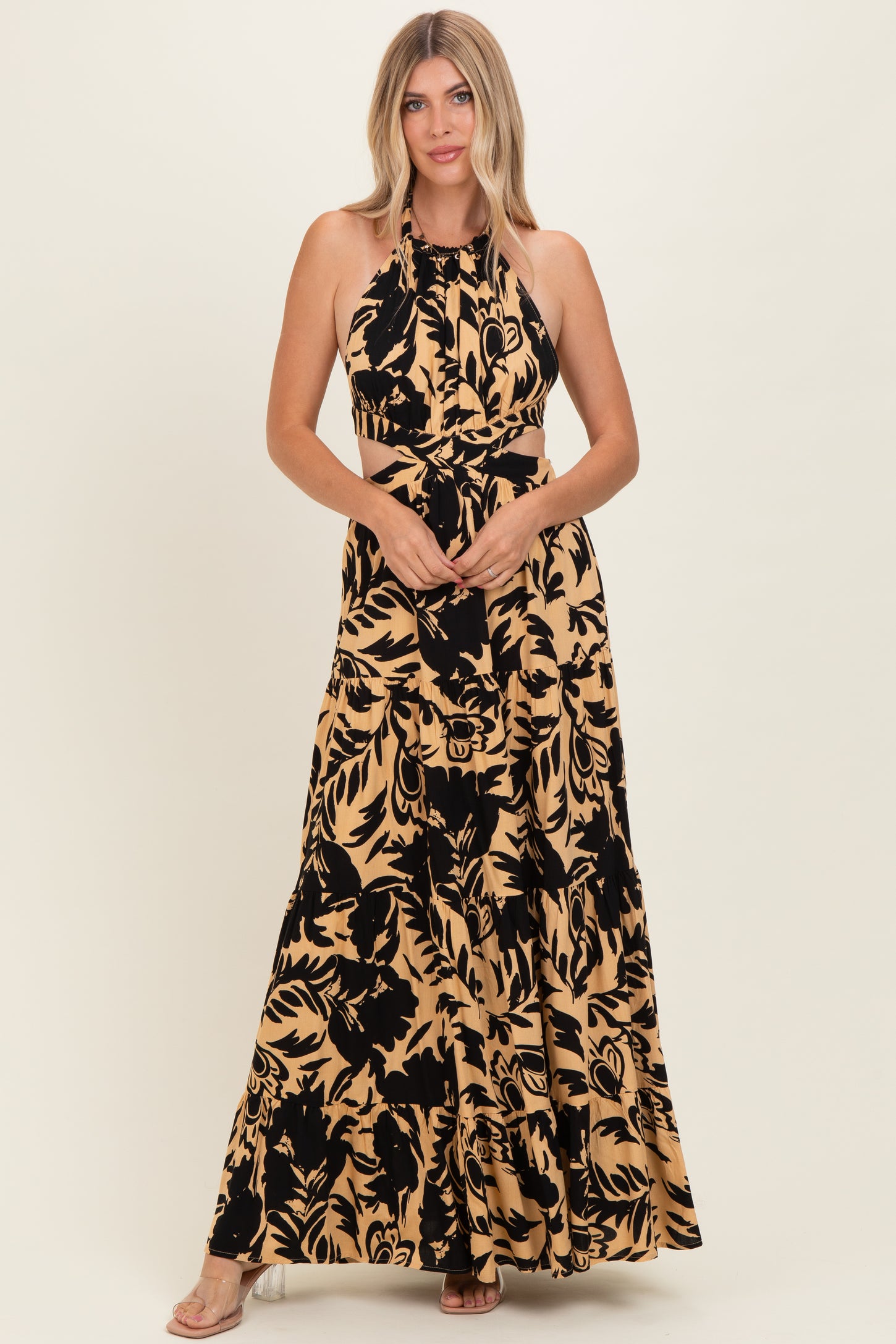 Black Floral Halter Cutout Open Back Maternity Maxi Dresses