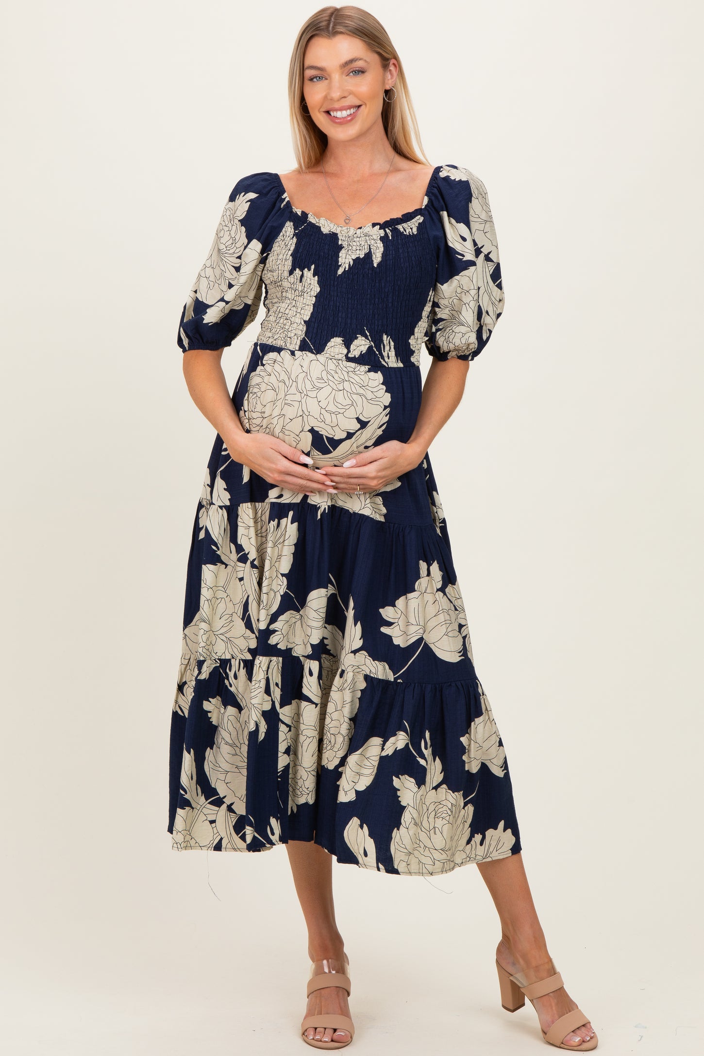 Navy Floral Cutout Tie Back Maternity Midi Dress