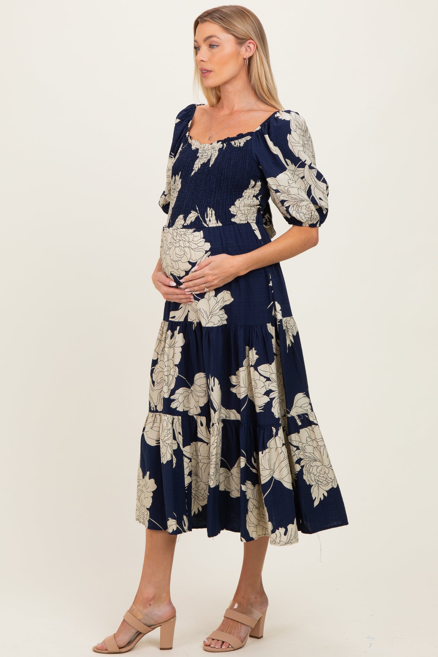 Navy Floral Cutout Tie Back Maternity Midi Dress