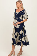 Navy Floral Cutout Tie Back Maternity Midi Dress