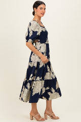 Navy Floral Cutout Tie Back Midi Dress