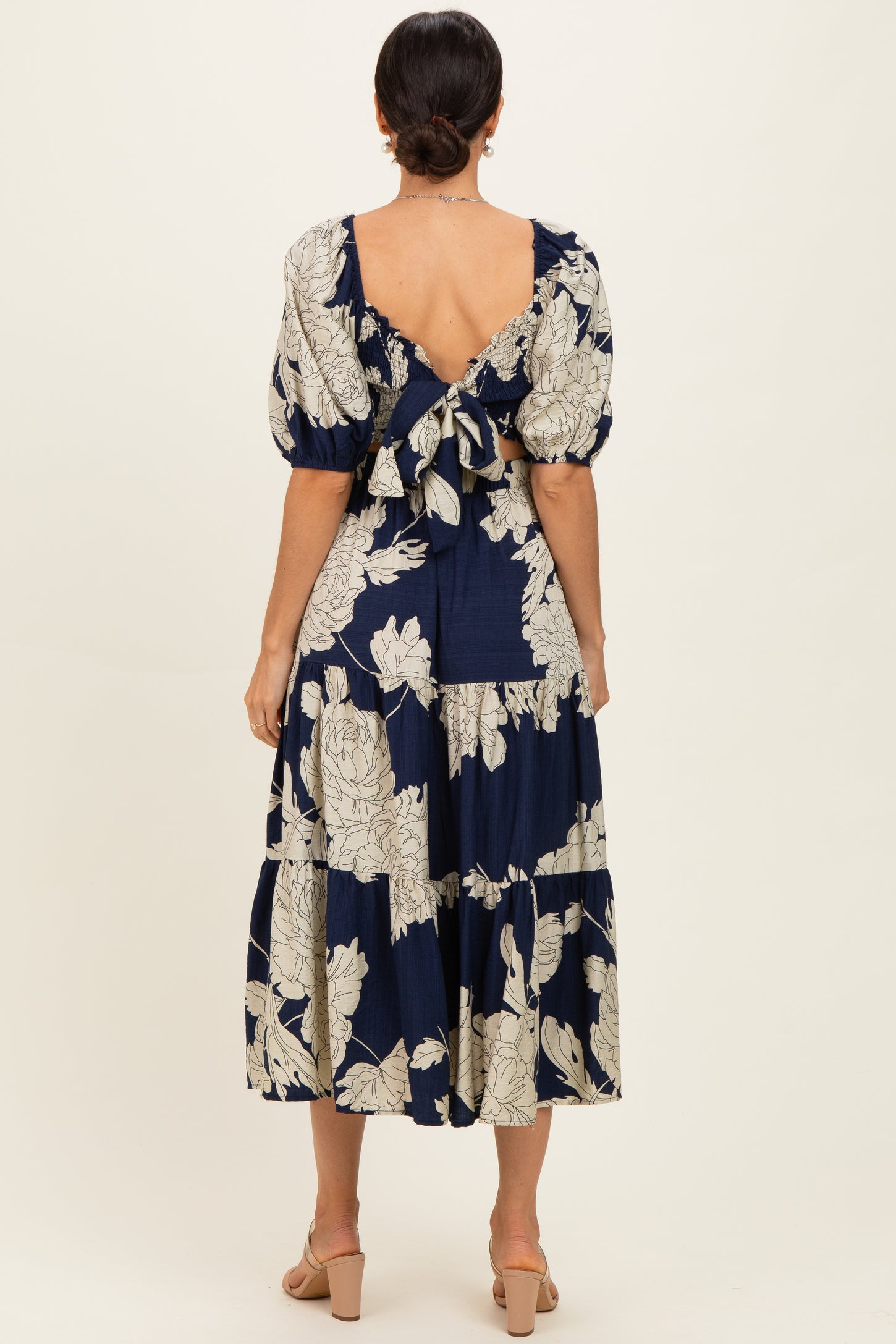 Navy Floral Cutout Tie Back Midi Dress