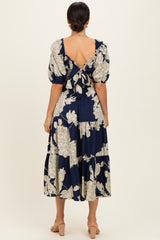 Navy Floral Cutout Tie Back Midi Dress