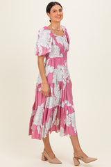 Pink Floral Cutout Tie Back Midi Dress