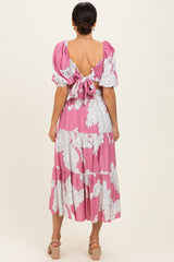 Pink Floral Cutout Tie Back Midi Dress