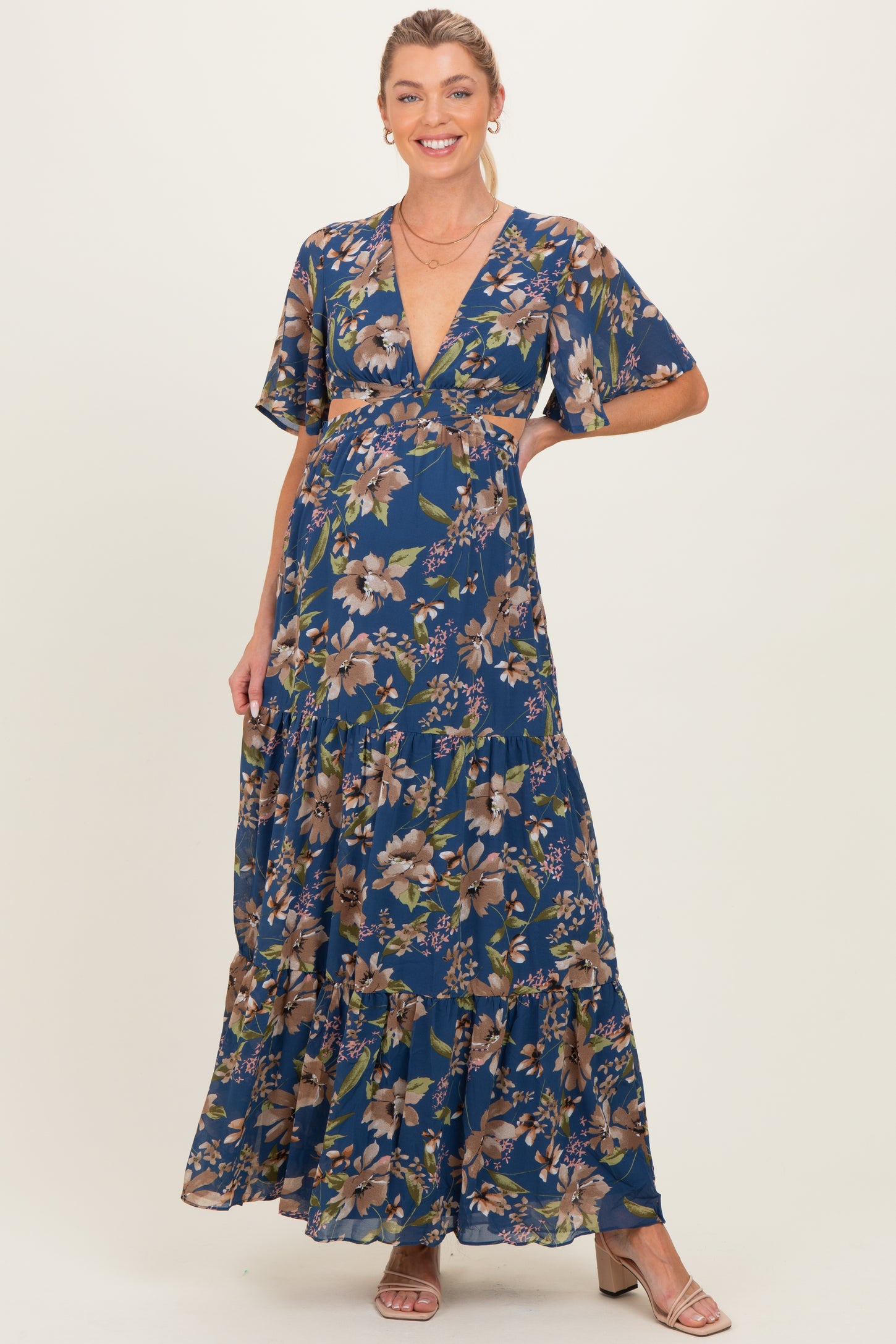 Navy Floral Deep V-Neck Cutout Maternity Maxi Dress