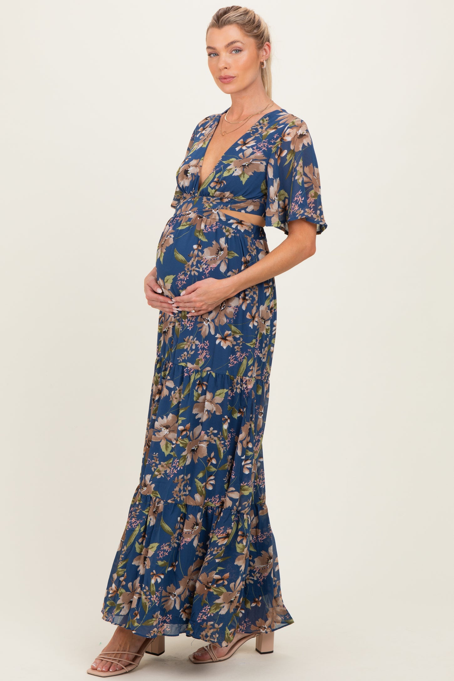 Navy Floral Deep V-Neck Cutout Maternity Maxi Dress