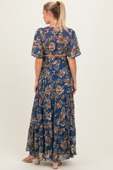 Navy Floral Deep V-Neck Cutout Maternity Maxi Dress