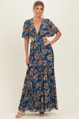 Navy Floral Deep V-Neck Cutout Maternity Maxi Dress