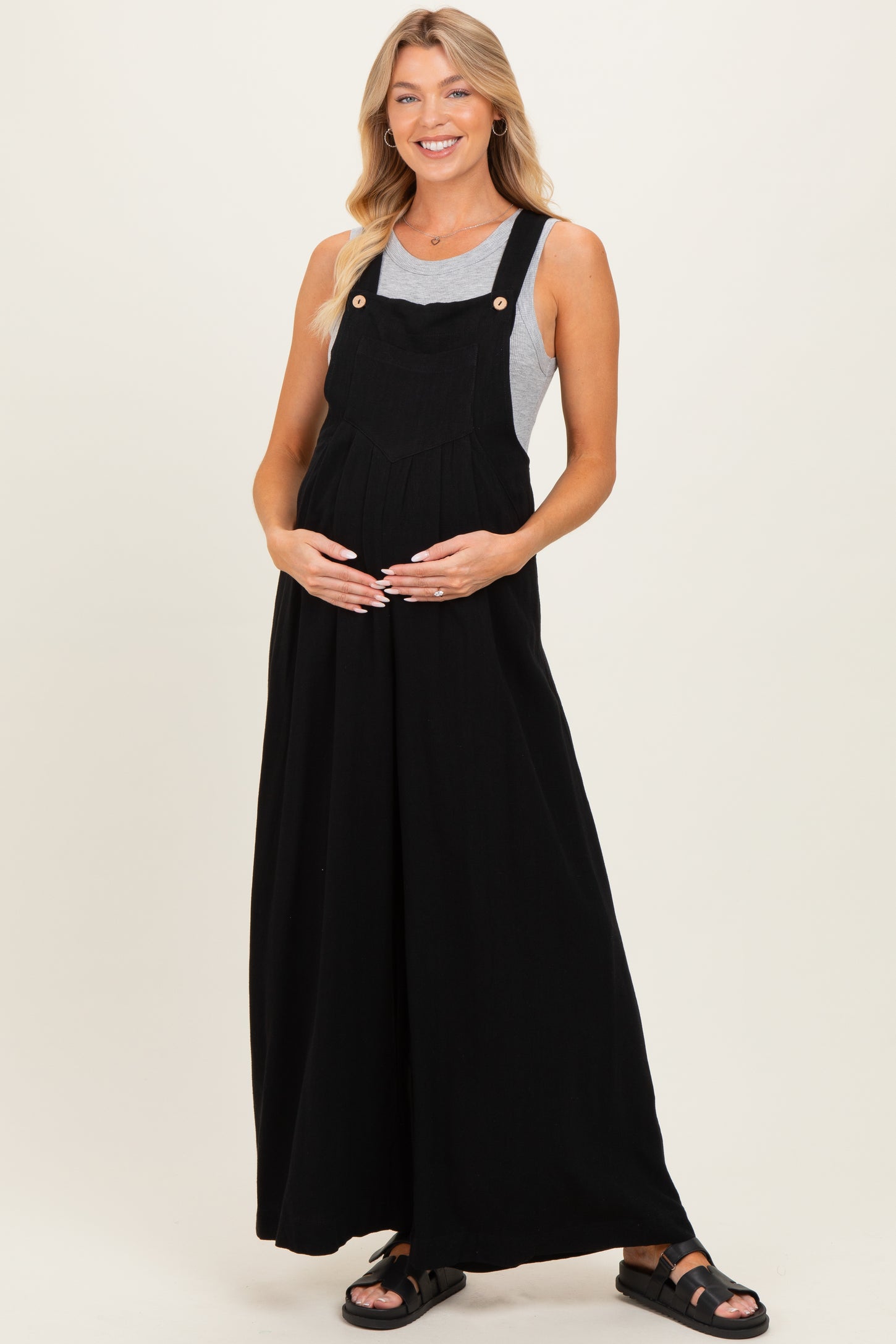 Black Super Wide Leg Overall Maternity Jumpsuit