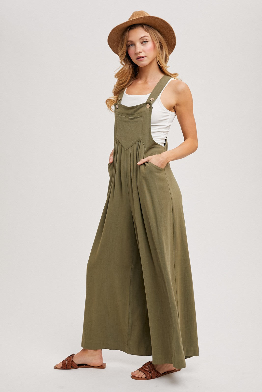 Olive Super Wide Leg Overall Jumpsuit