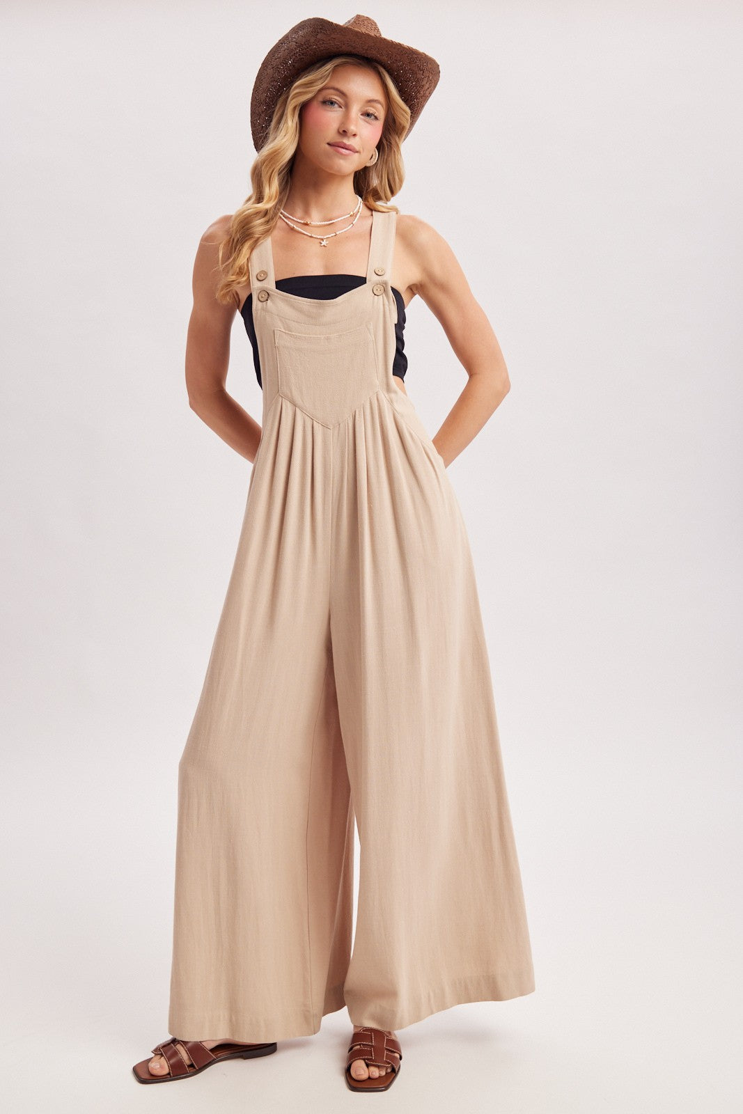 Beige Super Wide Leg Overall Jumpsuit