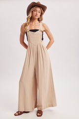 Beige Super Wide Leg Overall Jumpsuit