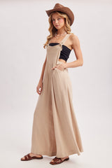Beige Super Wide Leg Overall Jumpsuit