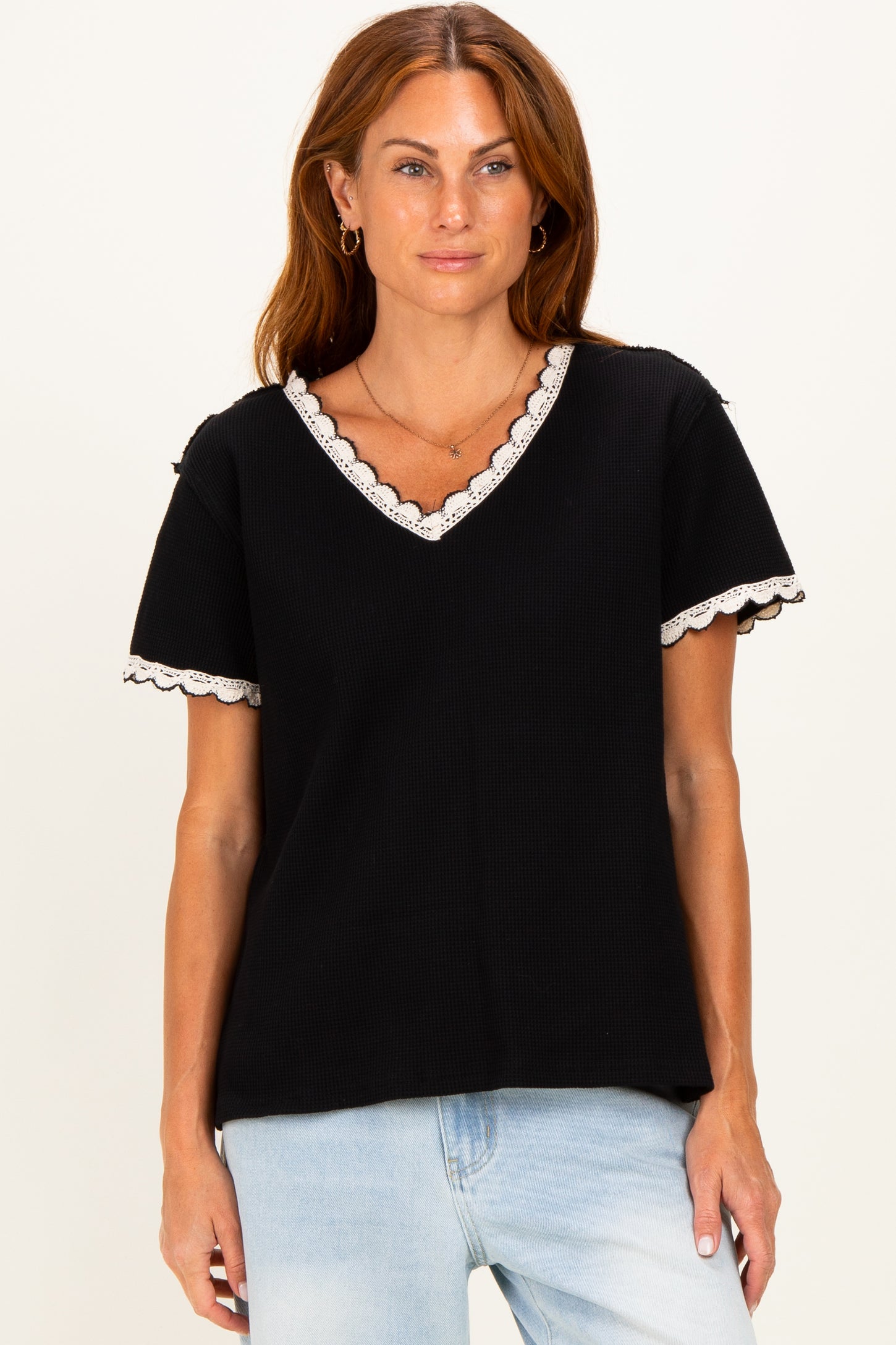 Black Waffle Knit Crochet Trim Top