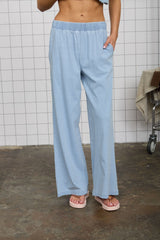 Light Denim Elastic Waist Wide Leg Knit Lounge Pants