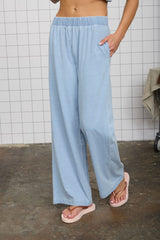 Light Denim Elastic Waist Wide Leg Knit Lounge Pants
