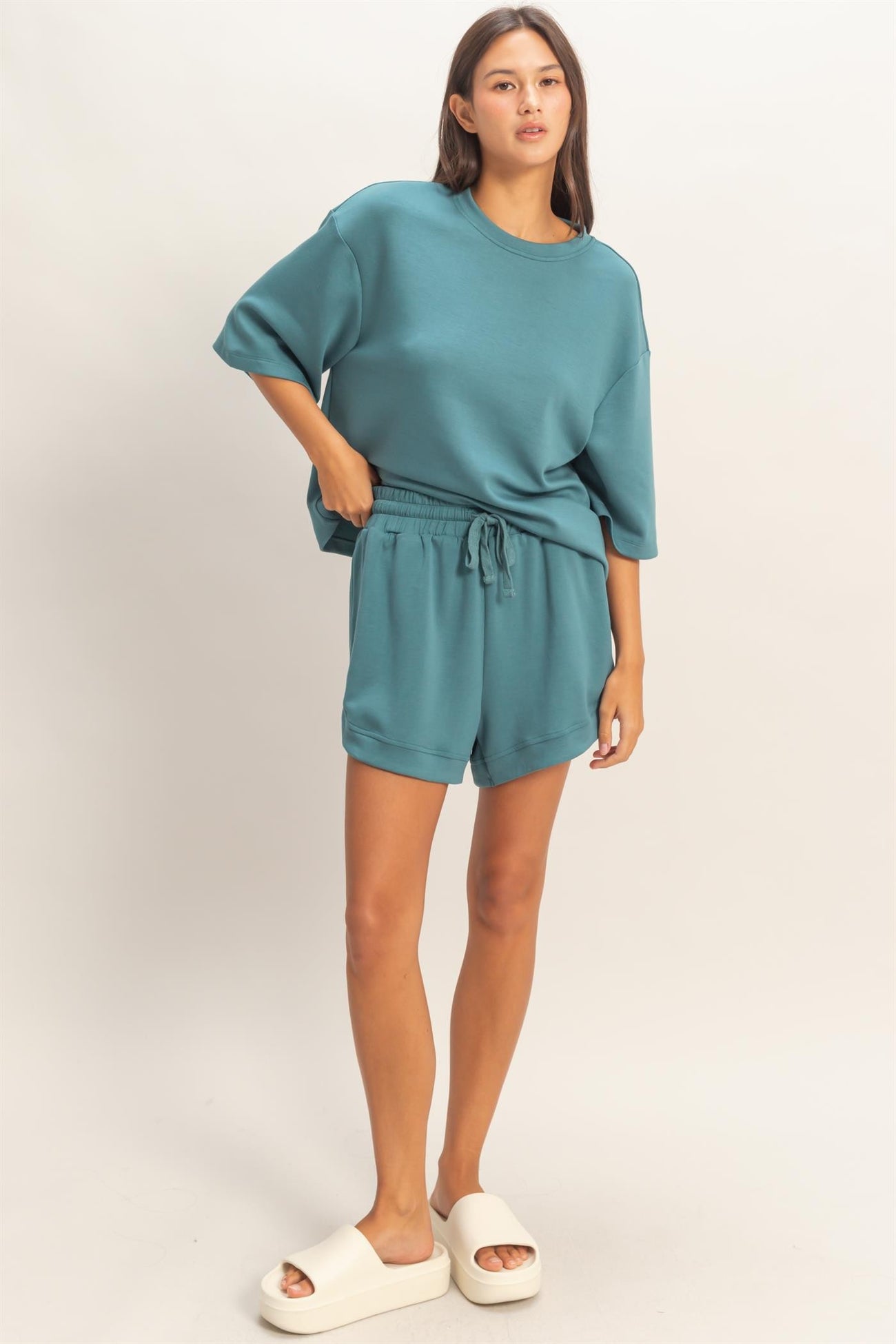 Teal Drawstring Relaxed Fit Maternity Shorts