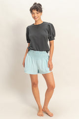 Light Blue Smocked Waist Mineral Wash Shorts