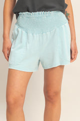 Light Blue Smocked Waist Mineral Wash Maternity Shorts